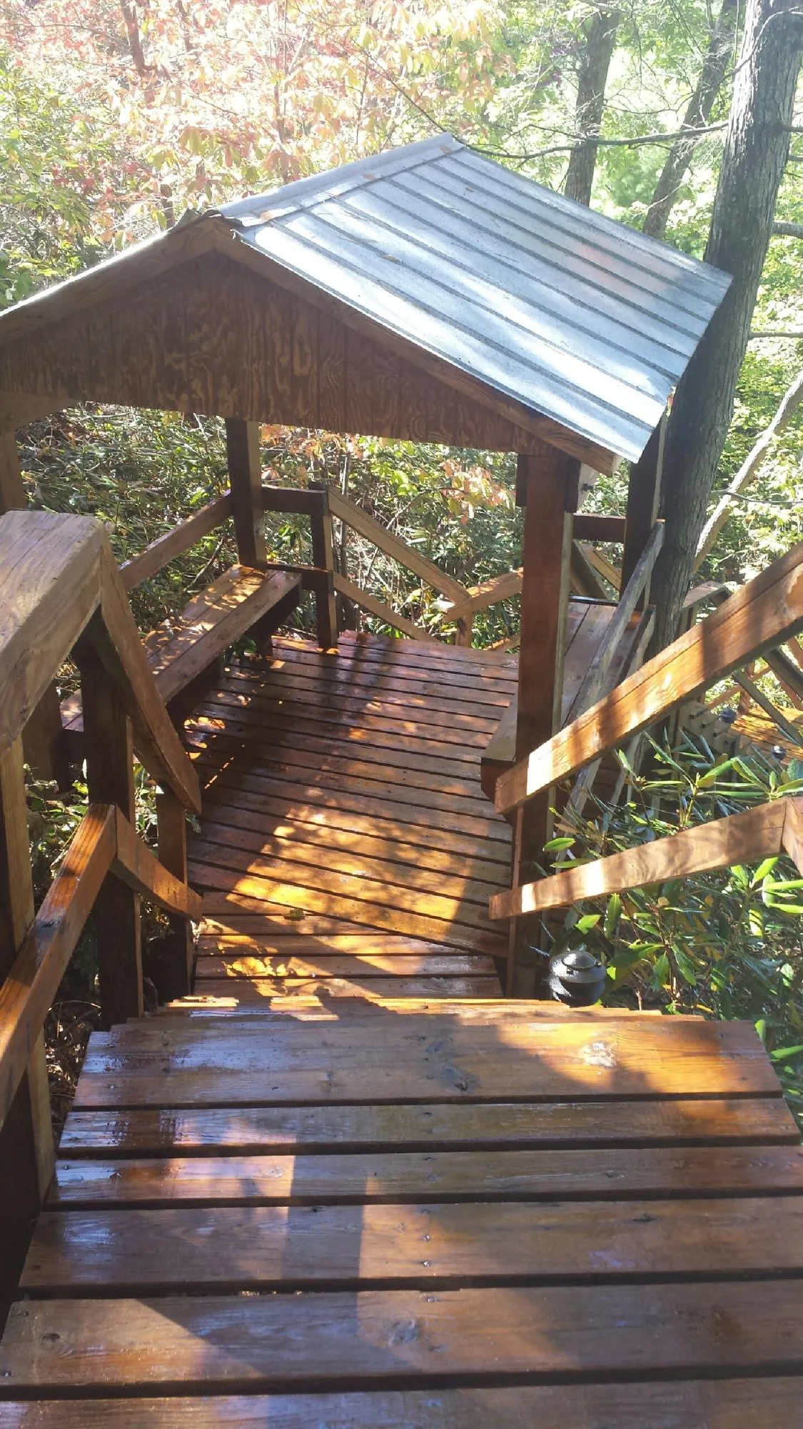 Freshly stained wood walkway and covered shelter with a metal roof in Waverly
